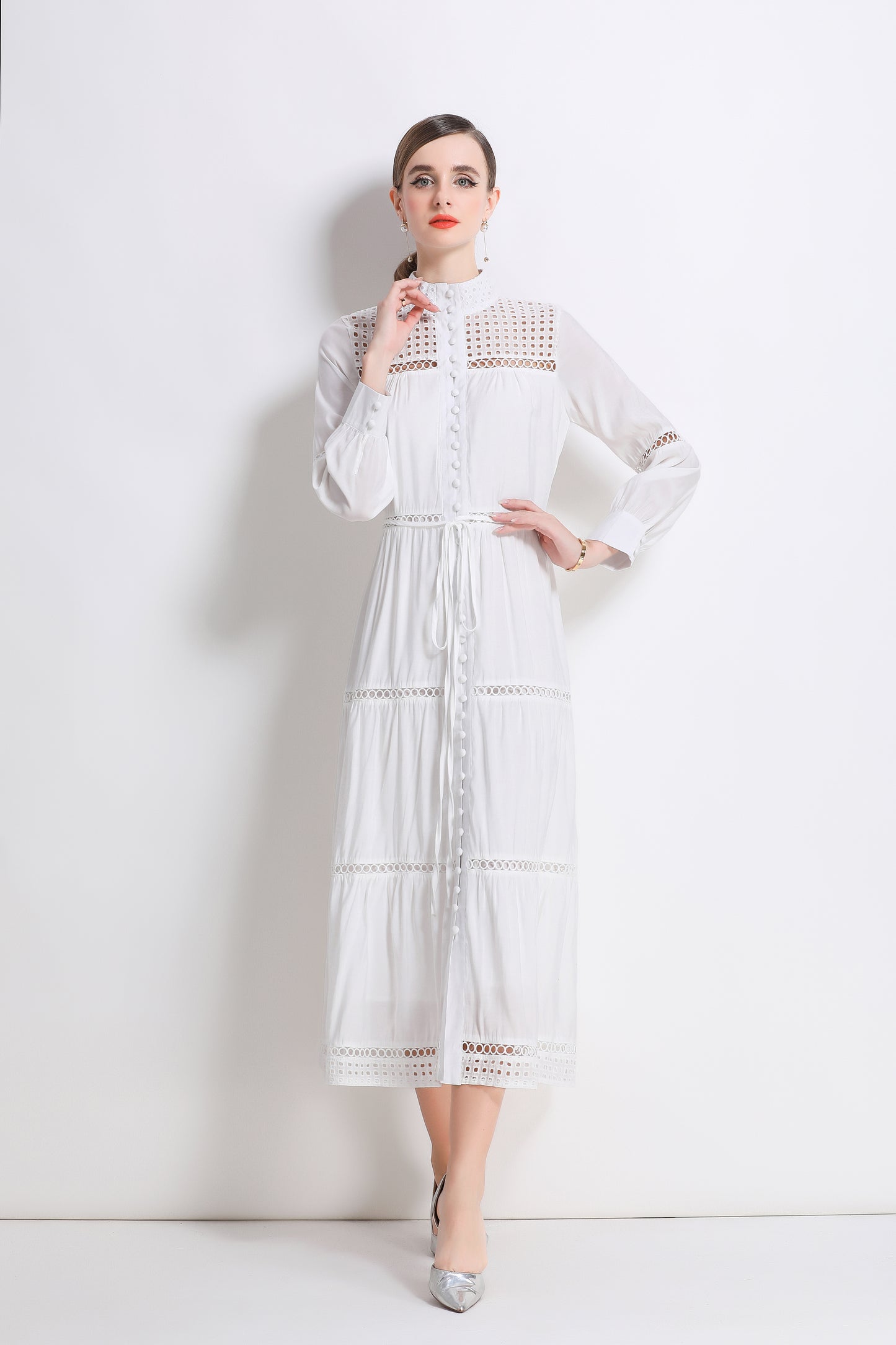 Women's Hollow Out Lace Button Long Sleeve Maxi Dress