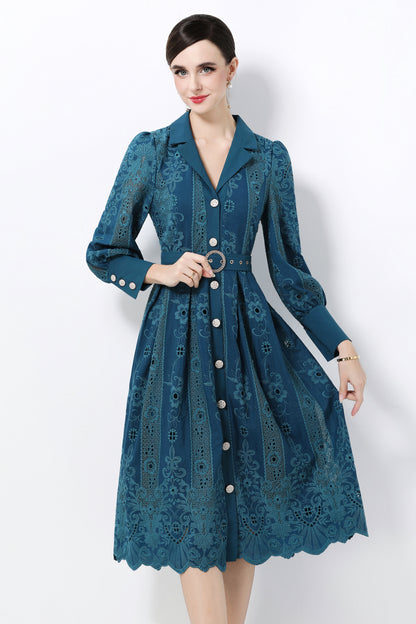 Women's Puff Sleeve Lace Hollow Out Midi Dress