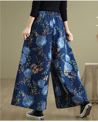 26804 Blue Floral Print Wide-Leg Jeans with Elastic Waist