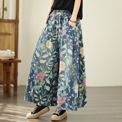 Women's Wide Leg Jeans Baggy Floral  Wasited Elastic Pants - LAI MENG FIVE CATS