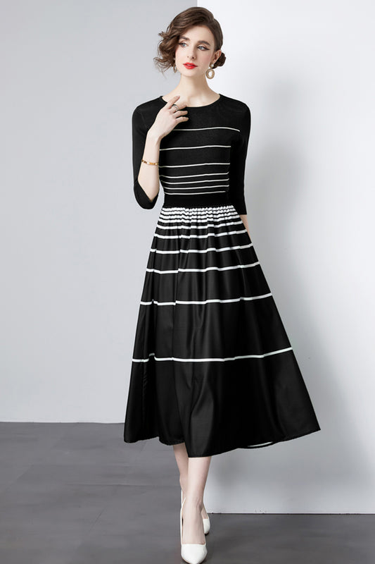 Elegant Women's Retro Two-Piece Pleated Midi Skirt Dress Set