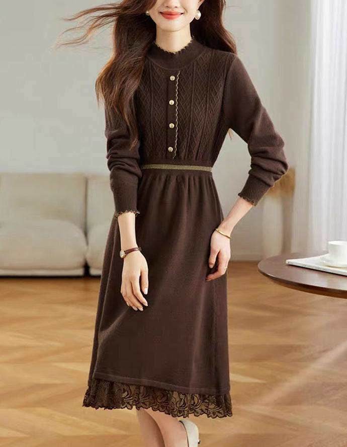 Women's Turtleneck Sweater Knit Lace Trim Midi Dress
