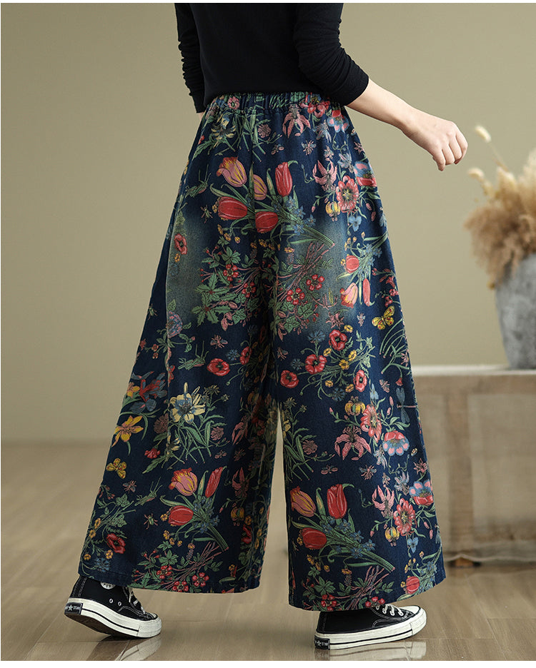 Vintage Floral Wide Leg Denim Pants Women's Boho Loose Casual Trousers