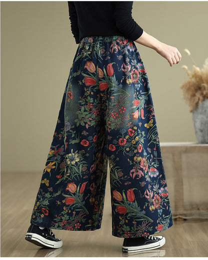 Vintage Floral Wide Leg Denim Pants Women's Boho Loose Casual Trousers