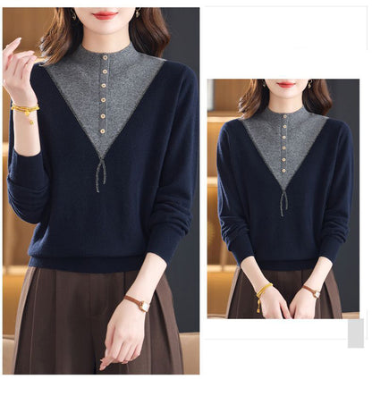 Women's Mock Neck Ribbed Sweaters Knit Patchwork Tops