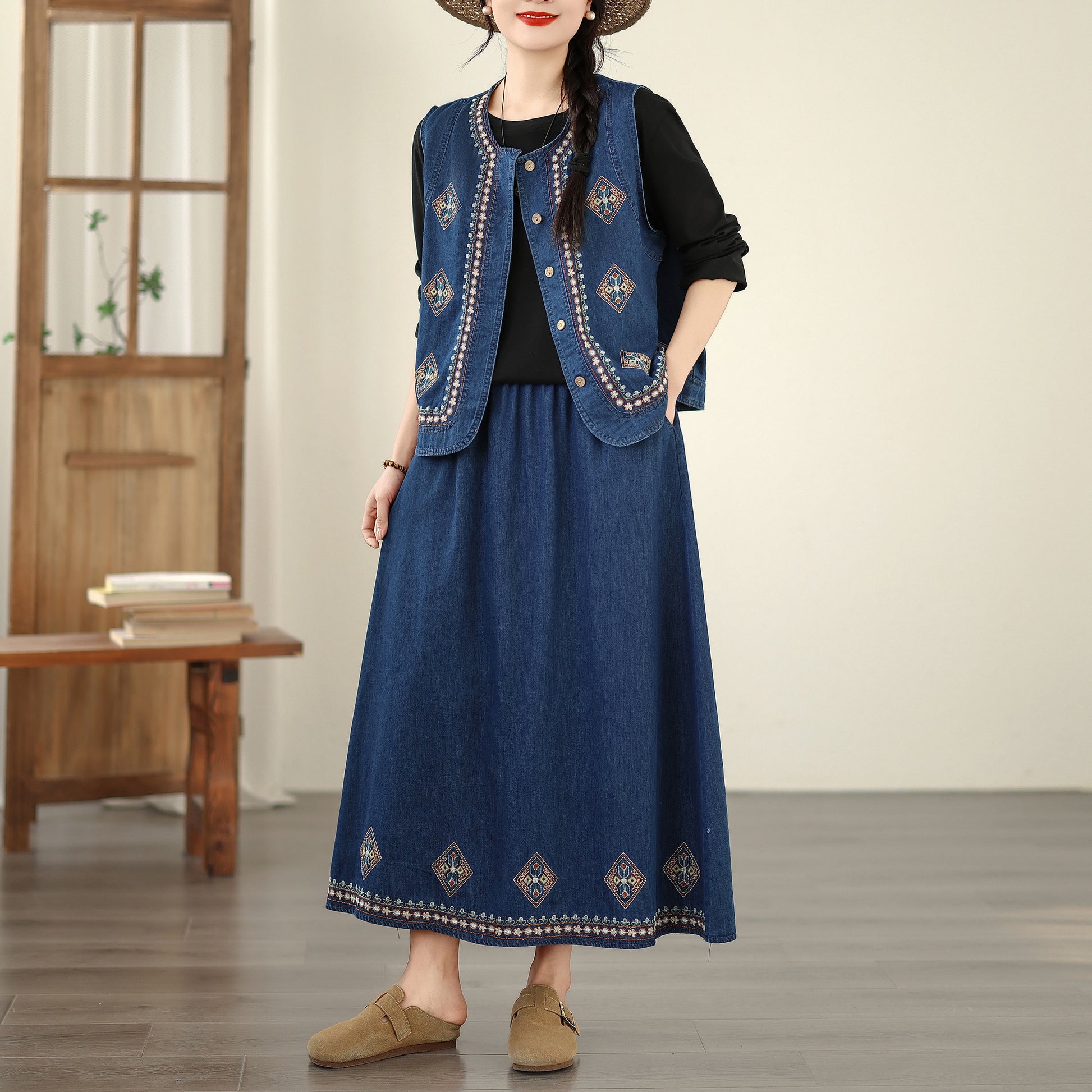 Women's Embroidered Elastic Waist Denim Jean Maxi Skirt Pocket - LAI MENG FIVE CATS