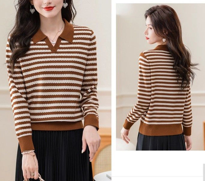 Women's Striped Sweater Lapel Ribbed Pullover Knit