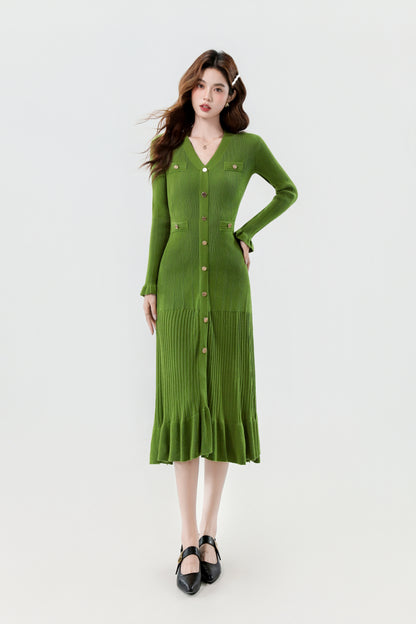 Women's V-Neck Sweater Knit Fishtail Hem Midi Dress