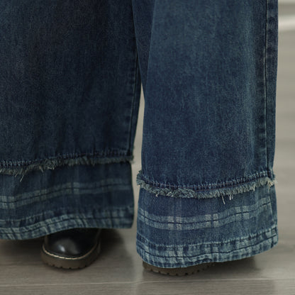 Women's Denim Wide Leg Baggy Jeans Drawstring Waist Pants - LAI MENG FIVE CATS