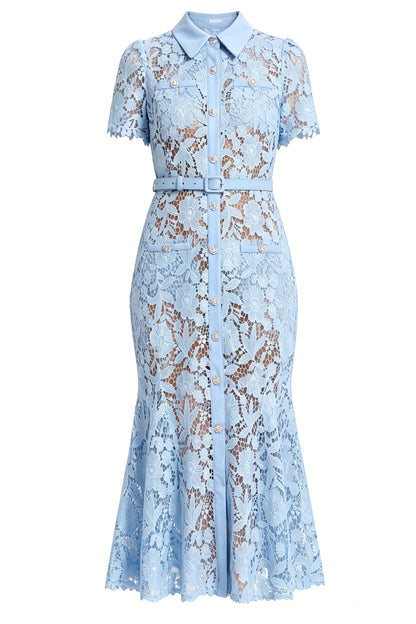 Lace Button Up Midi Fishtail Hem Dress With Belts
