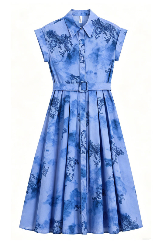 Blue Porcelain Muse Printed Belted Midi Dress