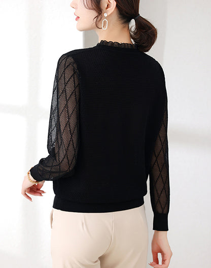 Women's Sweater Puff Sleeve Patchwork Lace Tops