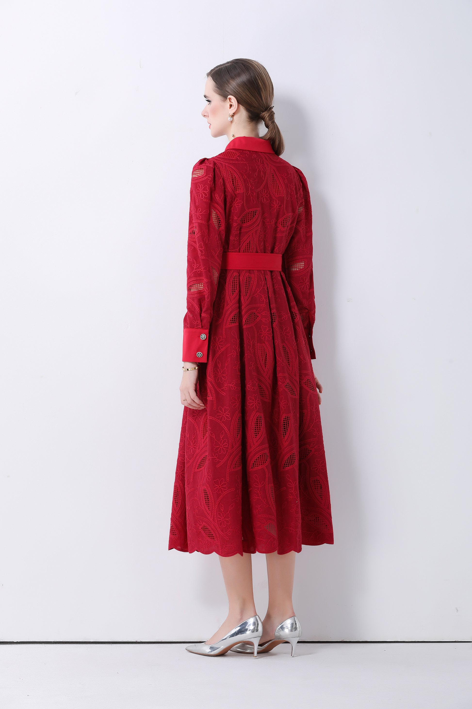 Women's Embroidery Hollow Out Lace Midi Dress - LAI MENG FIVE CATS