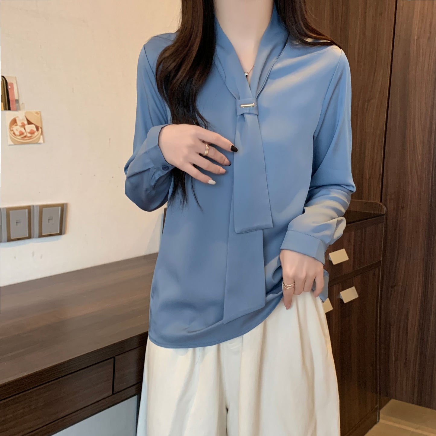 Women's Silk Satin Shirt Tie Neck Long Sleeve Blouse - LAI MENG FIVE CATS