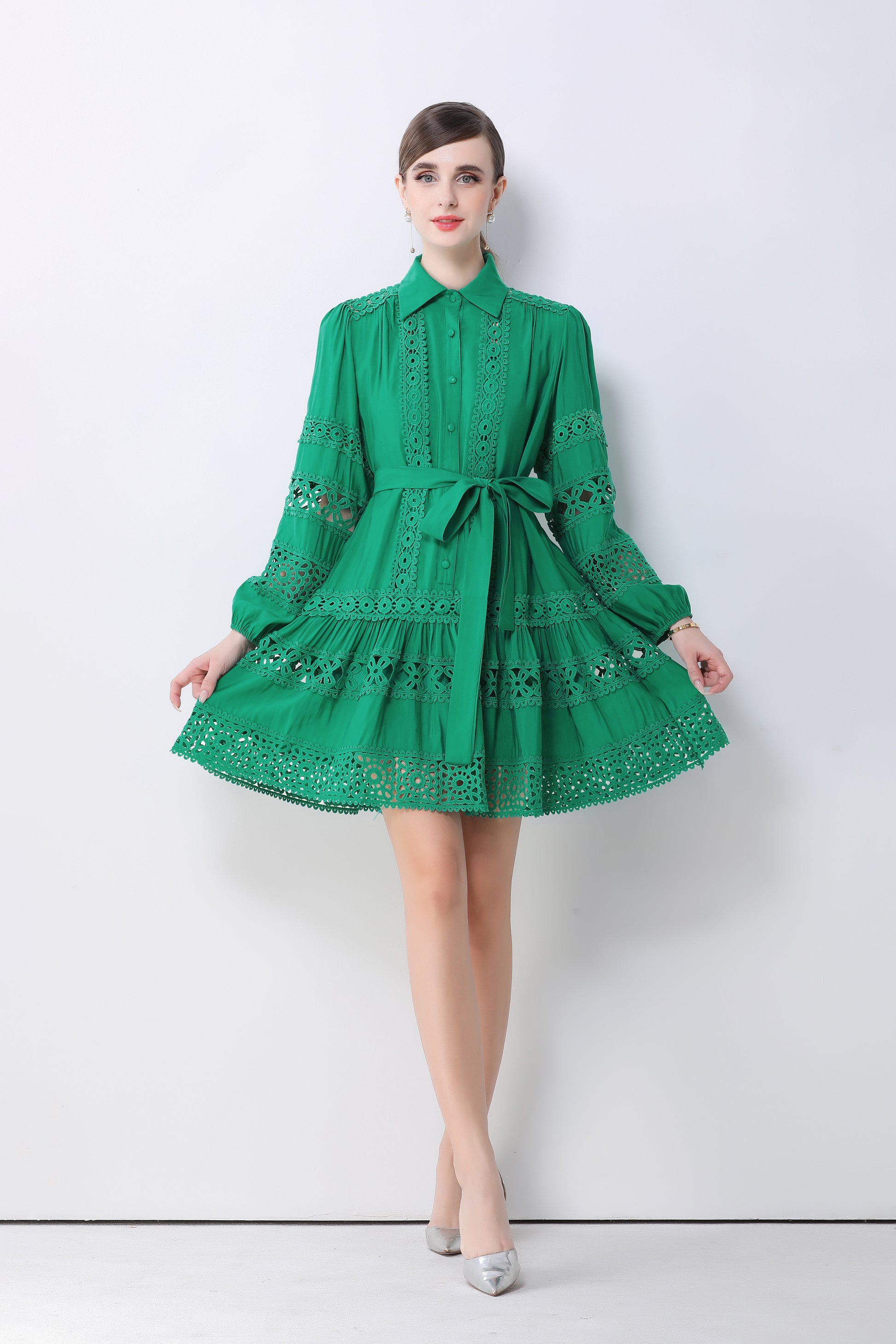 Women's Hollow Out Lace Puff Sleeve Button Mini Dress - LAI MENG FIVE CATS