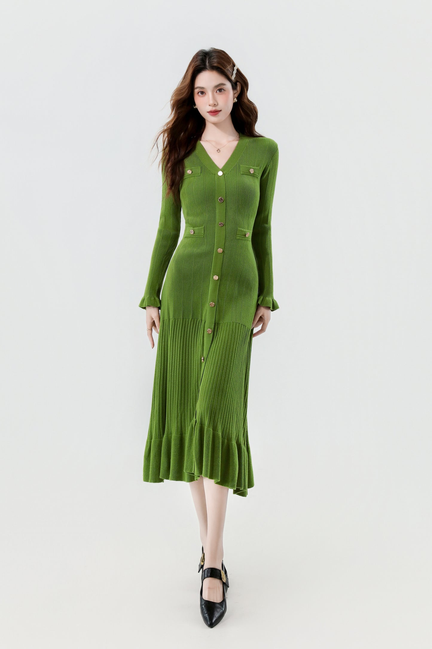 Women's V-Neck Sweater Knit Fishtail Hem Midi Dress
