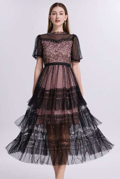 Black Sheer Sleeves Lace Glitter Tulle Dress