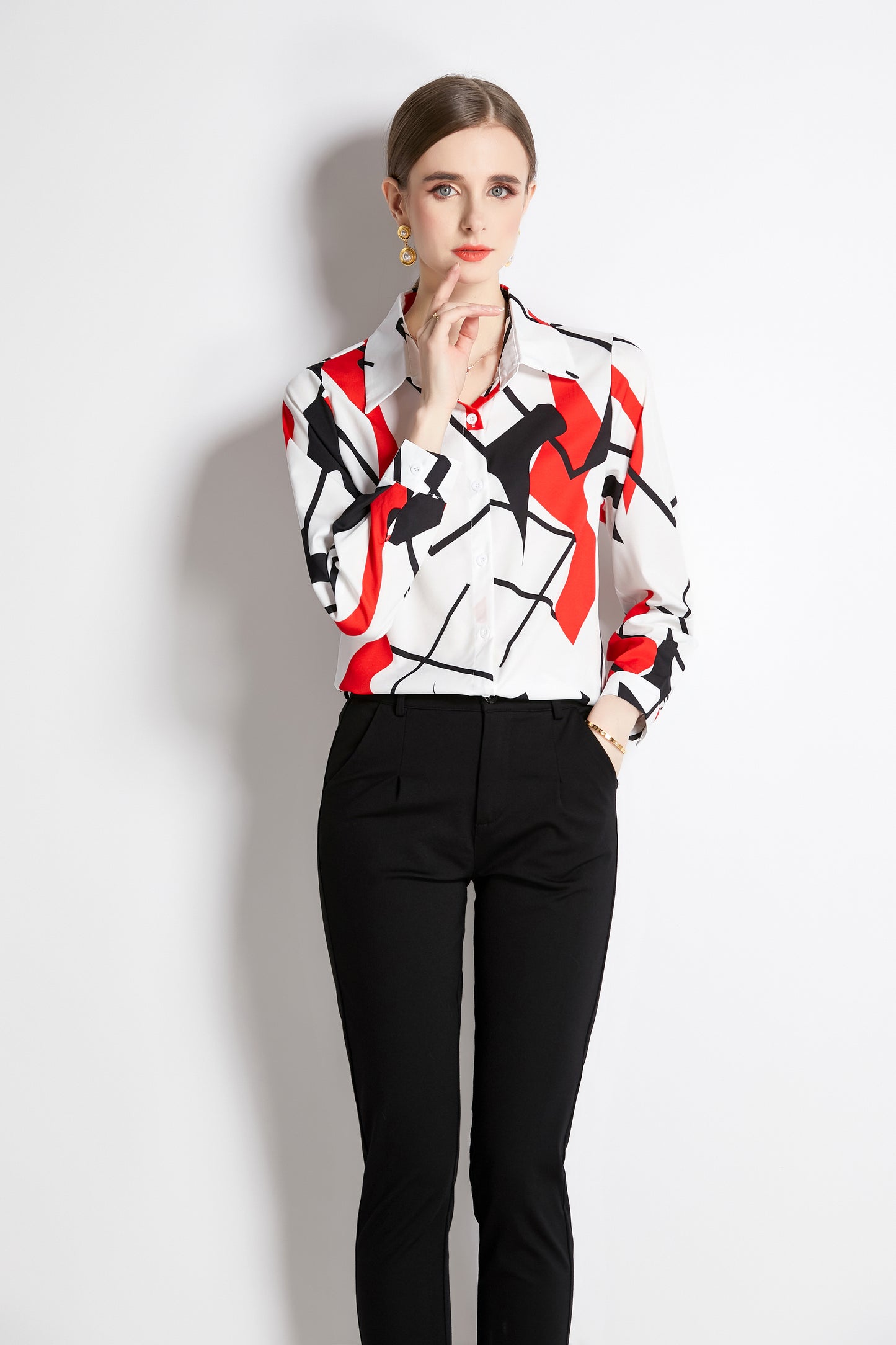 ESY-Women's Long Sleeve Lapel Collar Print Button Blouse