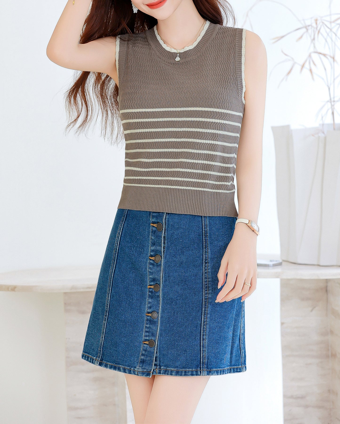 Women's Striped Sleeveless Shirt Ribbed Knit Tops