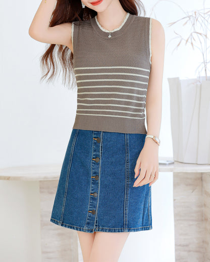 Women's Striped Sleeveless Shirt Ribbed Knit Tops