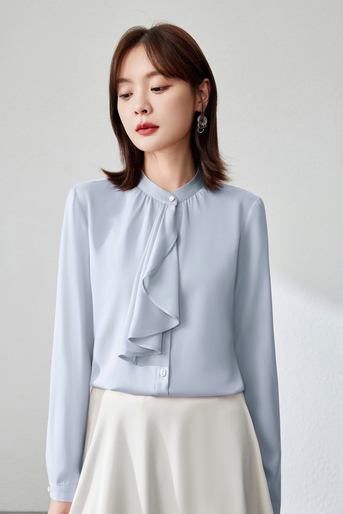 Women's Ruffle Shirt Tie Neck Long Sleeve Blouse - LAI MENG FIVE CATS