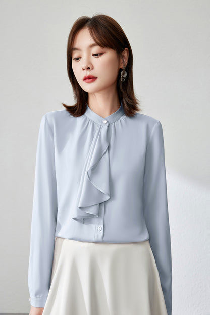 Women's Ruffle Shirt Tie Neck Long Sleeve Blouse - LAI MENG FIVE CATS