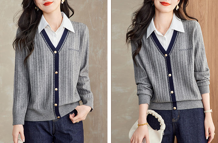 Women's Sweater 2 in 1 Lapel Ribbed Knit Pullover Top