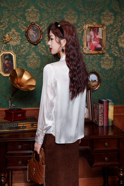 Women's Silk Satin Jacquard Long Sleeve Blouses