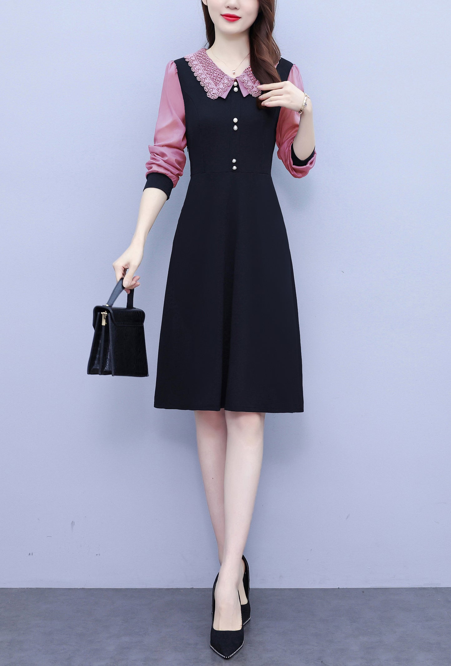 Women's Peter Pan Collar Long Sleeve Pocket Midi Dress