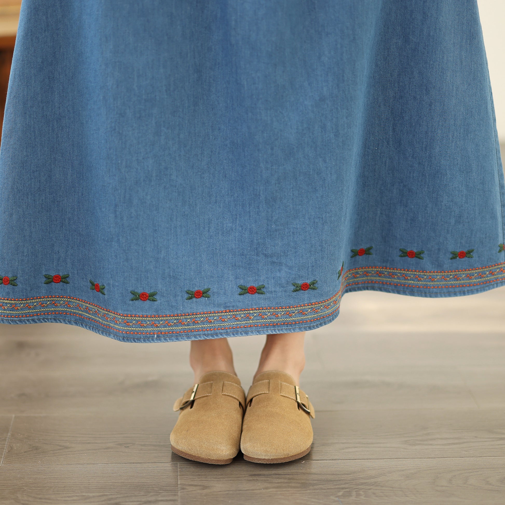 Women's Embroidered Elastic Waist Denim Jean Maxi Skirt Pocket - LAI MENG FIVE CATS