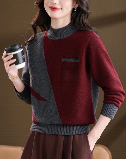 Women's Color Block Sweater Long Sleeve Ribbed Knit Tops