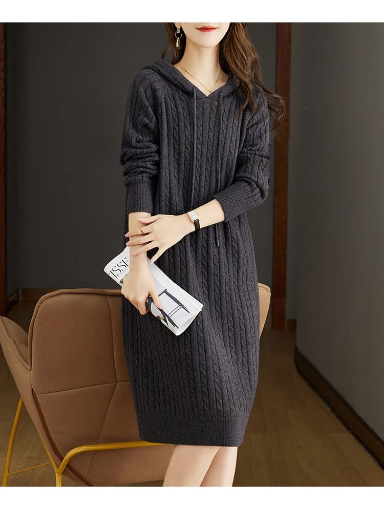 Women's Cable Knit Sweater Hoodie Midi Dress