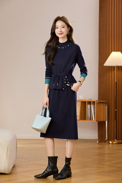 Women's Mock Neck Wool Sweater Drawstring Waist Dress