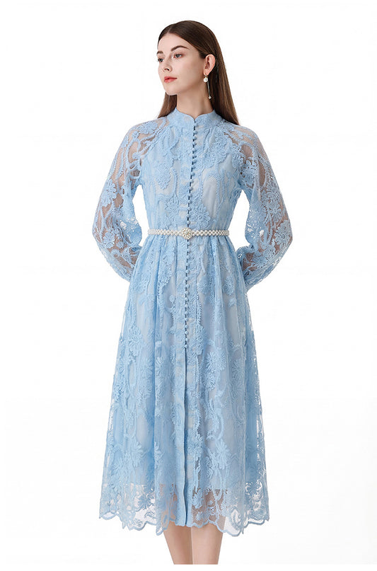 Elegant Floral Lace Maxi Dress with Pearl Belt - LAI MENG FIVE CATS