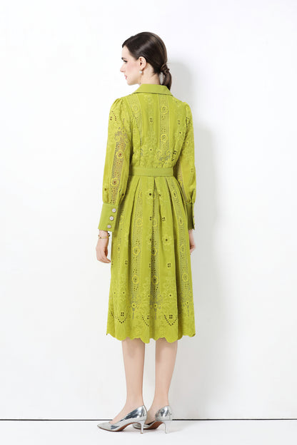 Women's Puff Sleeve Lace Hollow Out Midi Dress