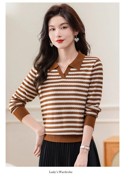 Women's Striped Sweater Lapel Ribbed Pullover Knit