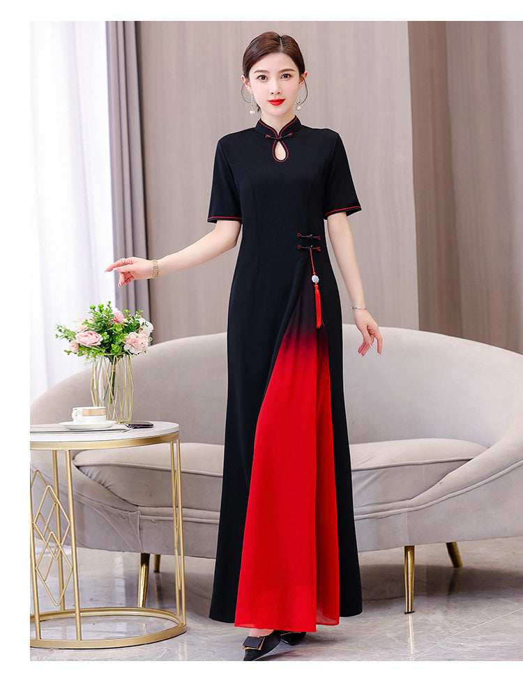 Women's Cheongsam Short Sleeve Qipao Long Dress
