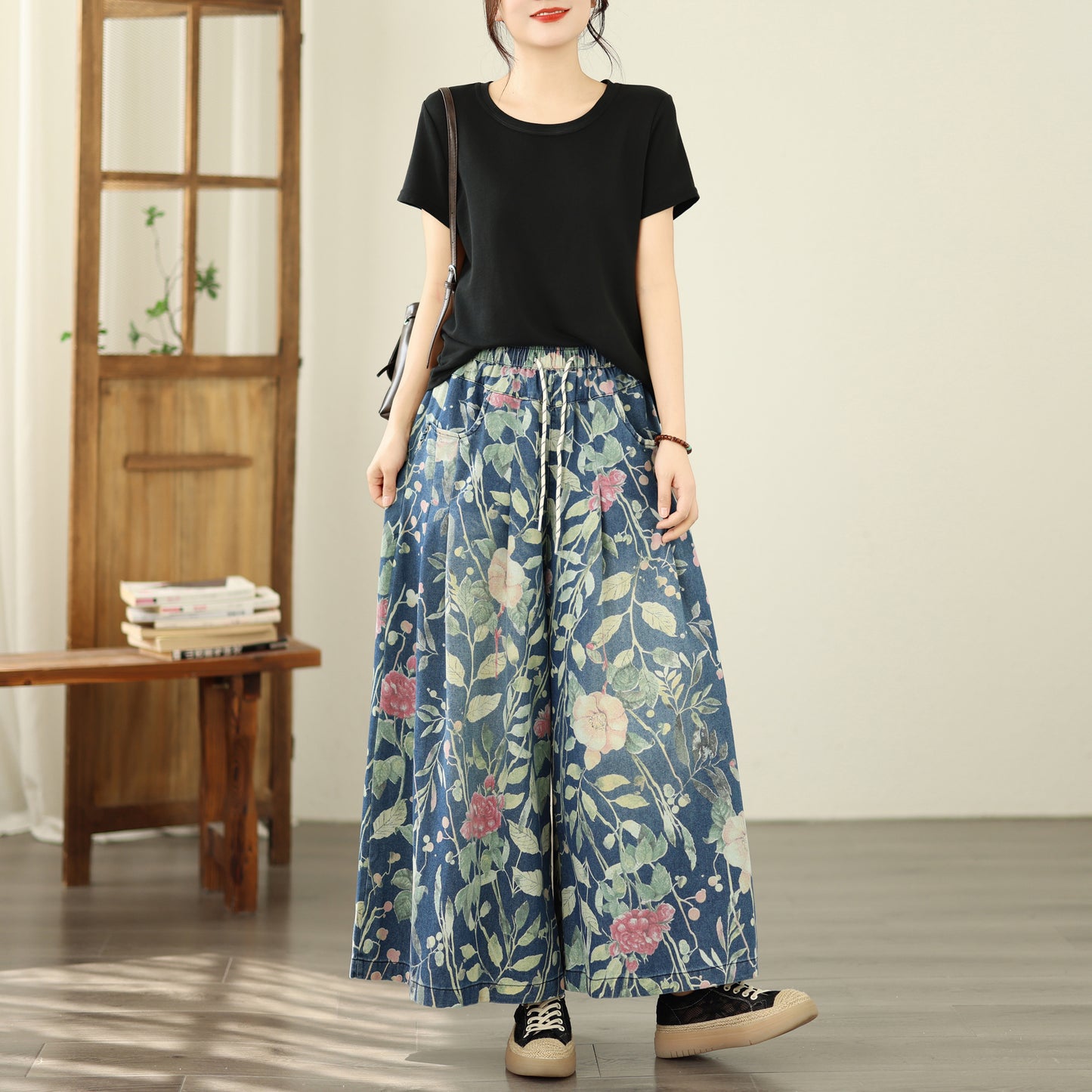 Women's Wide Leg Jeans Baggy Floral  Wasited Elastic Pants - LAI MENG FIVE CATS