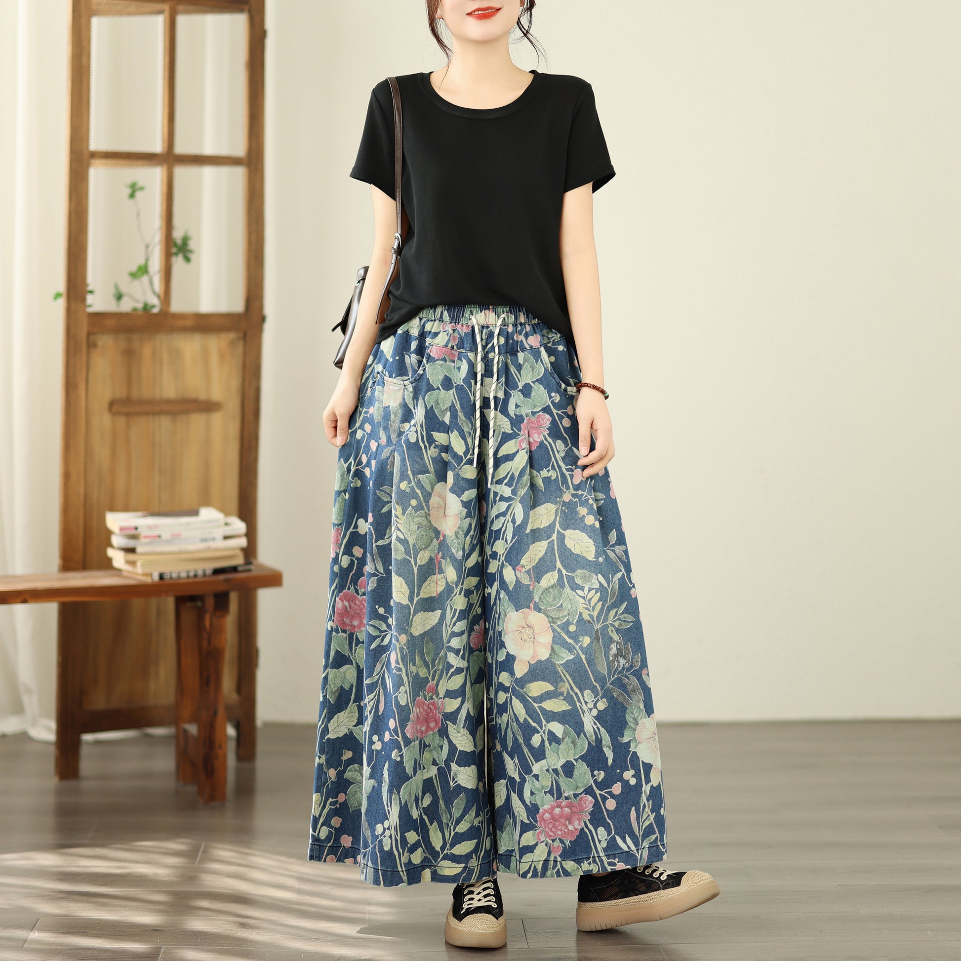 Women's Wide Leg Jeans Baggy Floral  Wasited Elastic Pants - LAI MENG FIVE CATS