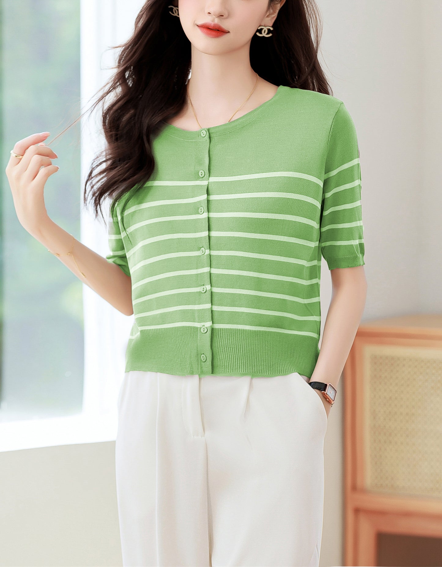 Women's Stripes Short Sleeve Knit Cardigan Tops