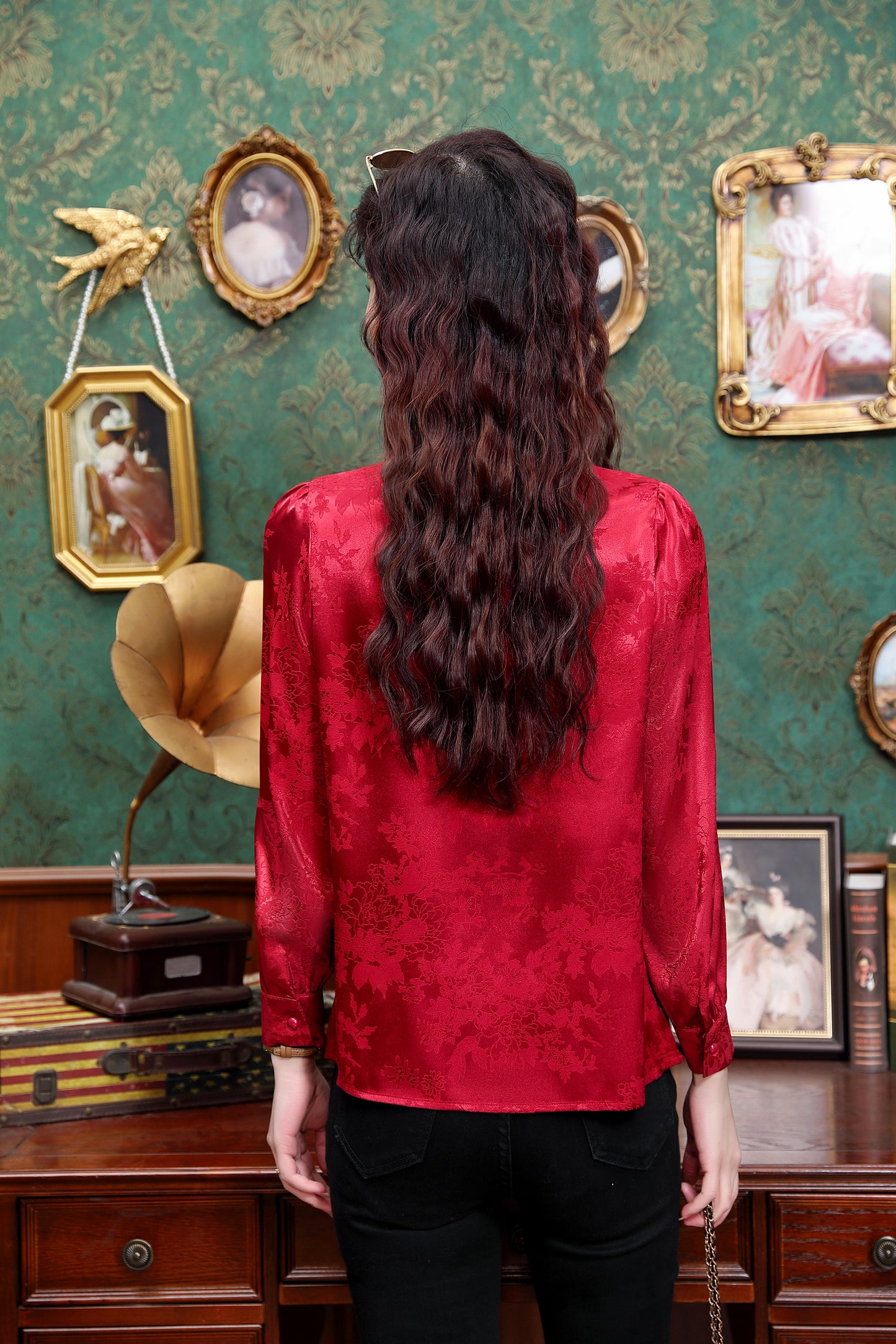 Women's Silk Satin Jacquard Long Sleeve Blouses