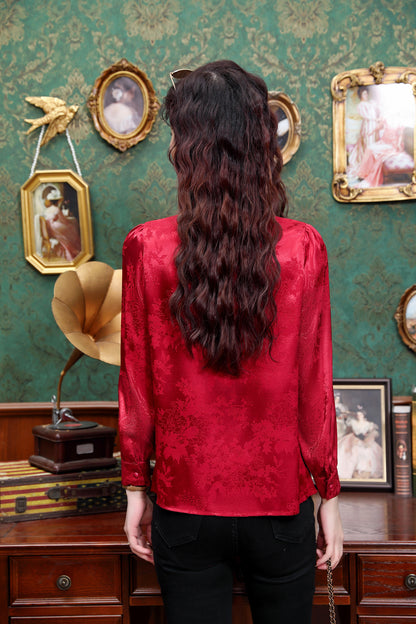 Women's Silk Satin Jacquard Long Sleeve Blouses