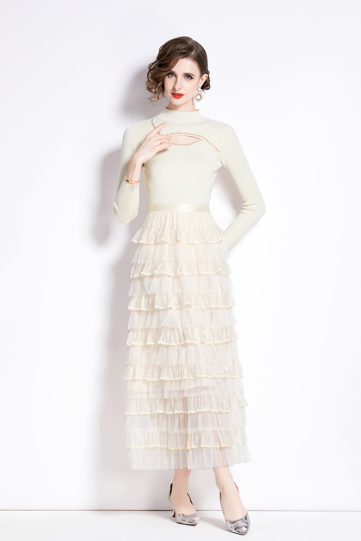 Women's 2 Piece Skirt Set Knit Top Ruffle Layered Skirt