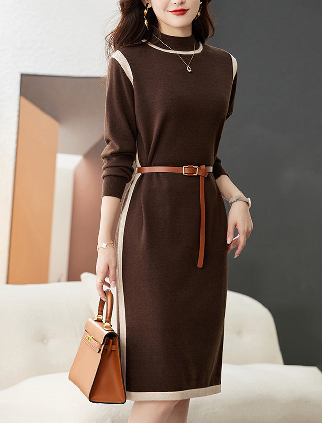 Women's Long Sleeve Basic Sweater Knit Color Block Dress