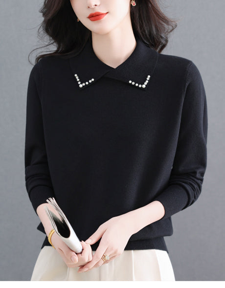 Women's Long Sleeve Sweater Lapel Collar Pullover Tops - LAI MENG FIVE CATS