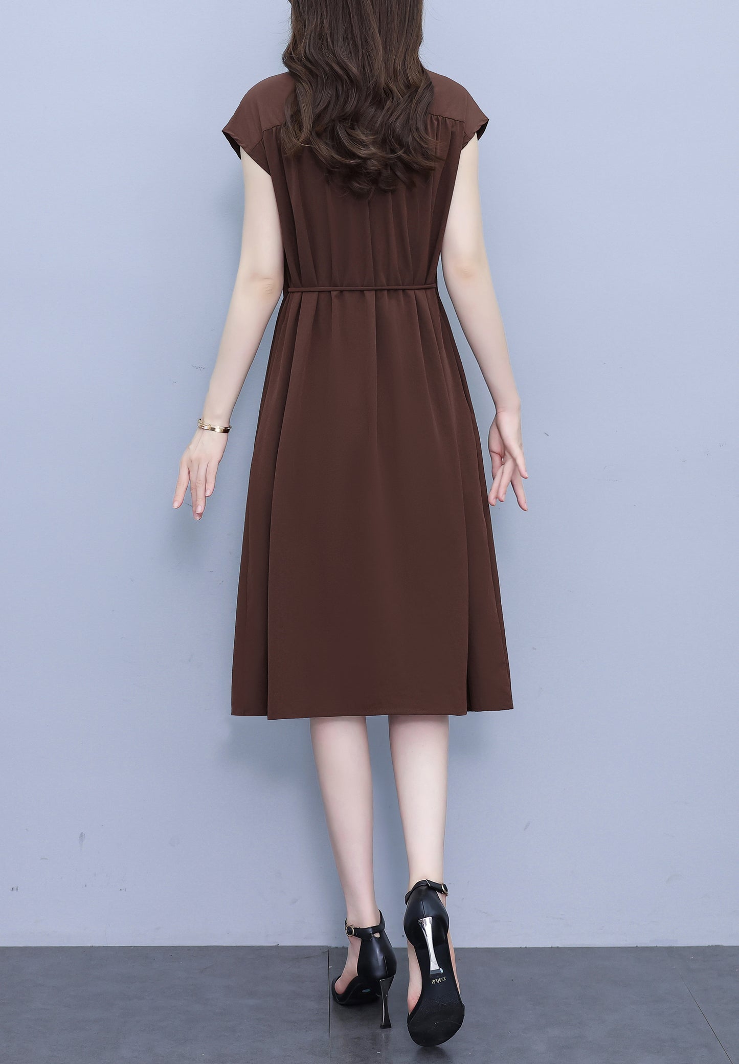 Women's V-Neck Cap Sleeve Pocket Midi Dress