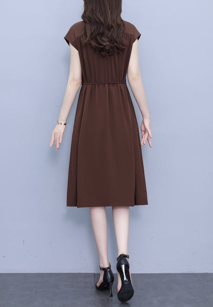 Women's V-Neck Cap Sleeve Pocket Midi Dress