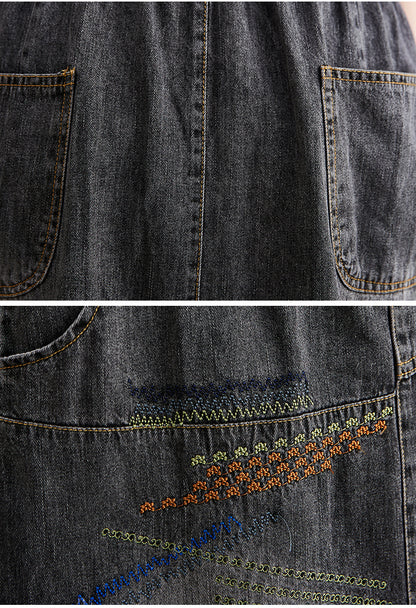 Women's Denim Drawstring Waist Pockets Jean Skirt