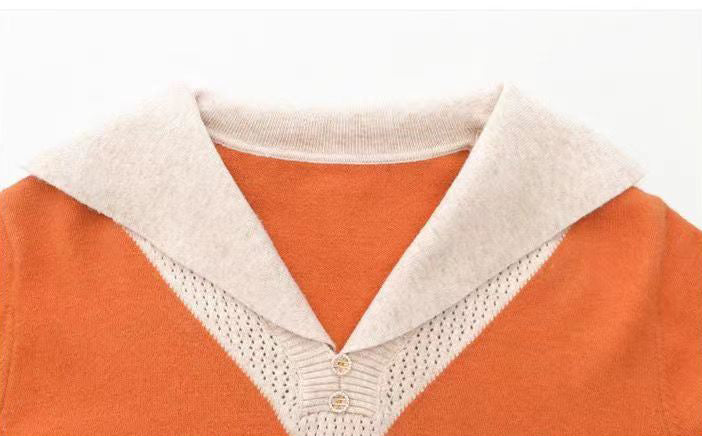 Chic Contrast Collar Knit Sweater - Elegant V-Neck Pullover