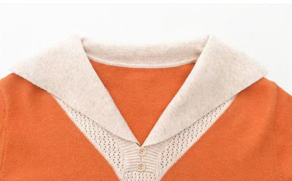 Chic Contrast Collar Knit Sweater - Elegant V-Neck Pullover